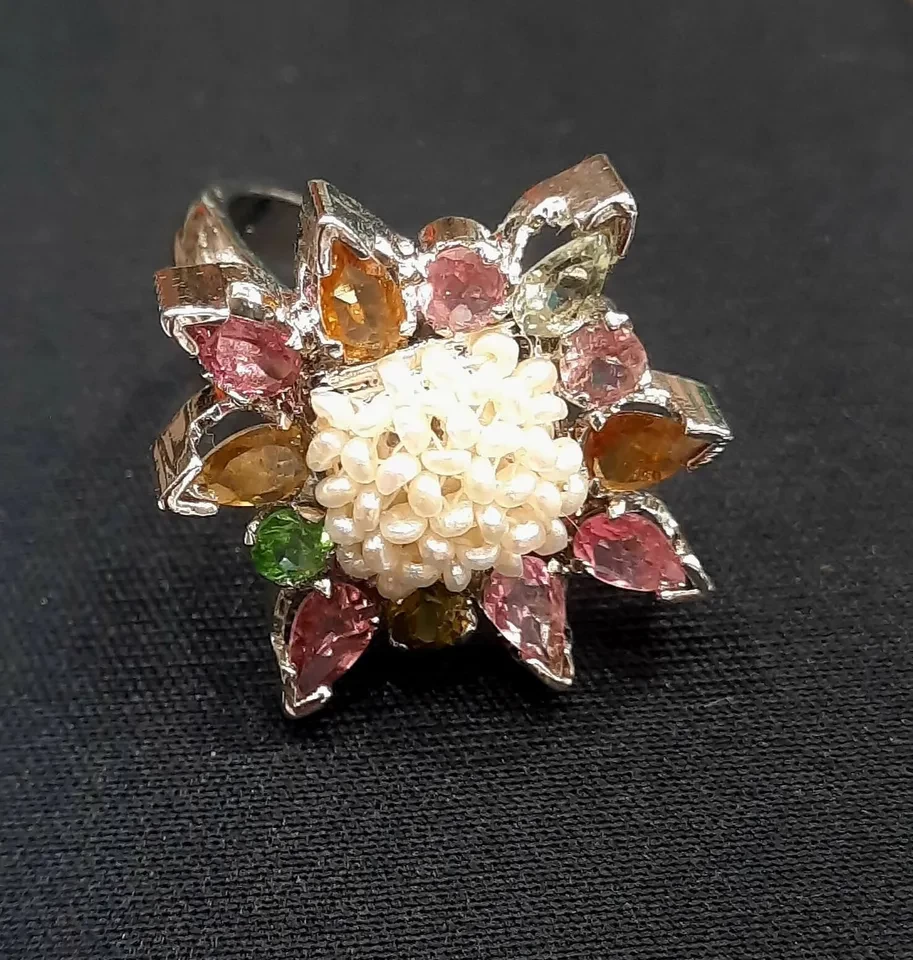 Solid Sterling Silver 925 Real Tourmalines Pearl Studded Finger